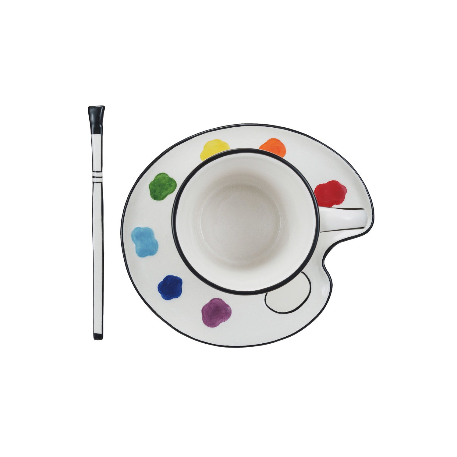 Ceramic artist's palette teacup and saucer set with a brush-shaped stirrer. A whimsical gift for artists, tea lovers, writers, and creative souls.