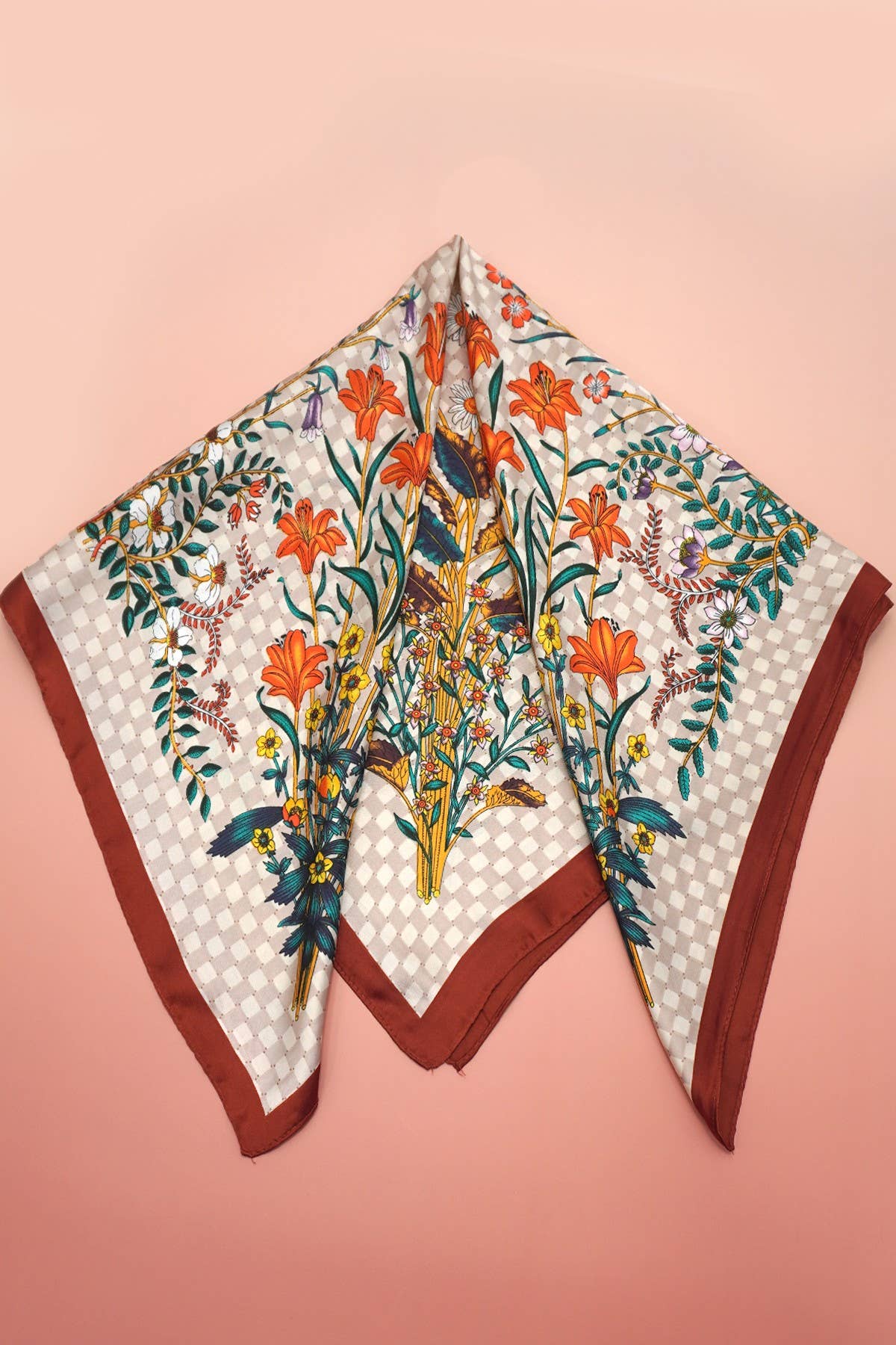 Red Checkered Floral Silk Finish Scarf