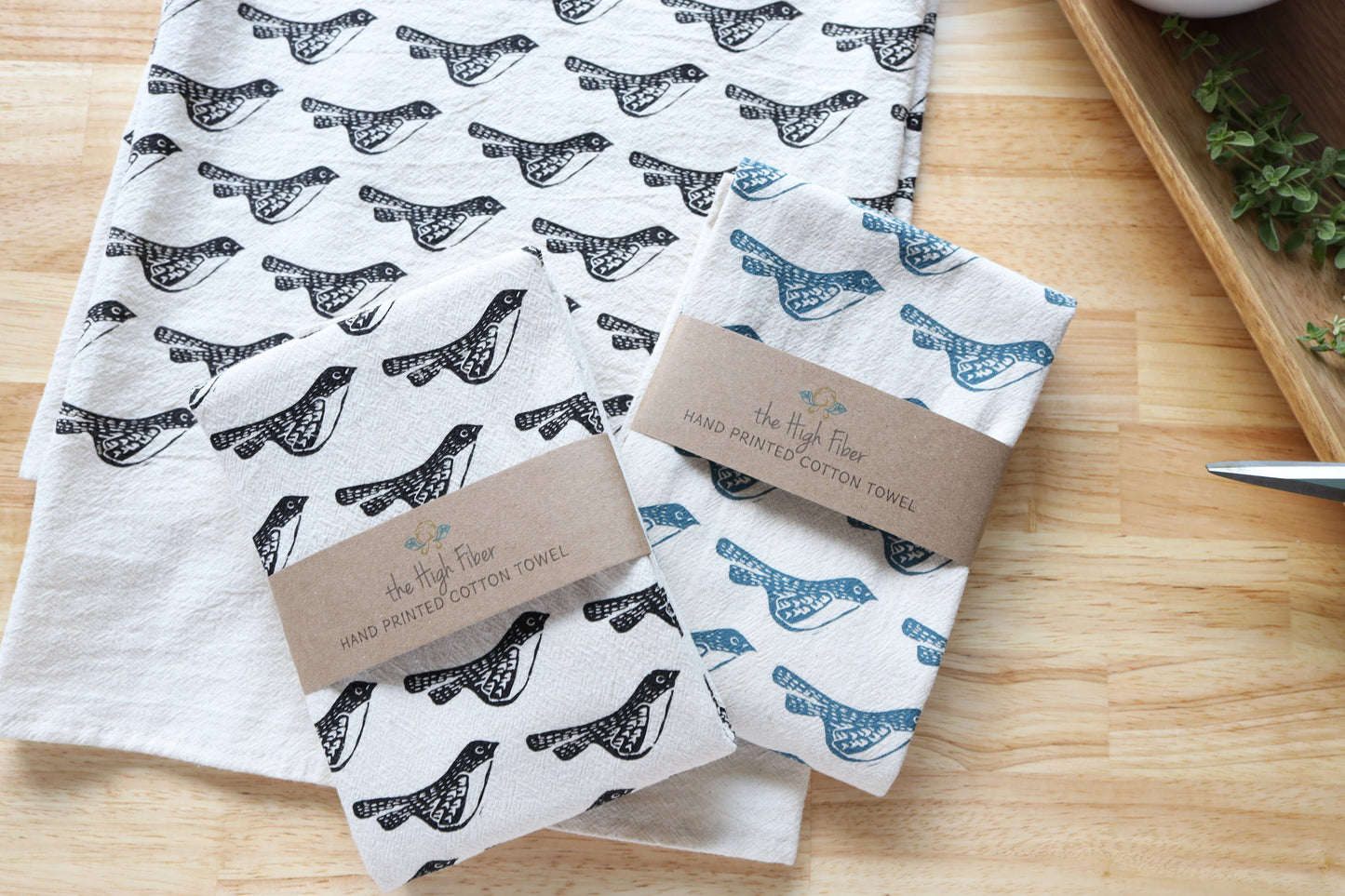 Bird Kitchen Towel, Handprinted Bird Tea Towel