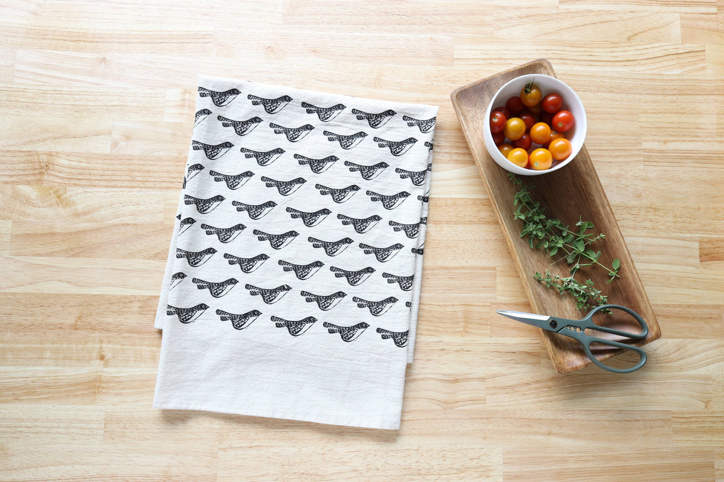 Bird Kitchen Towel, Handprinted Bird Tea Towel
