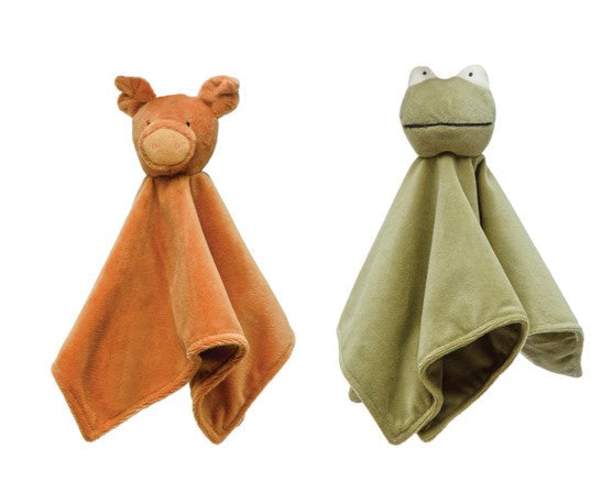 Baby plush security blankets with brown pig  and green frog designs, ultra-soft comfort toys for infants, machine washable and easy to cuddle