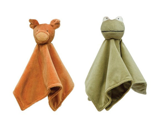 Baby plush security blankets with brown pig  and green frog designs, ultra-soft comfort toys for infants, machine washable and easy to cuddle