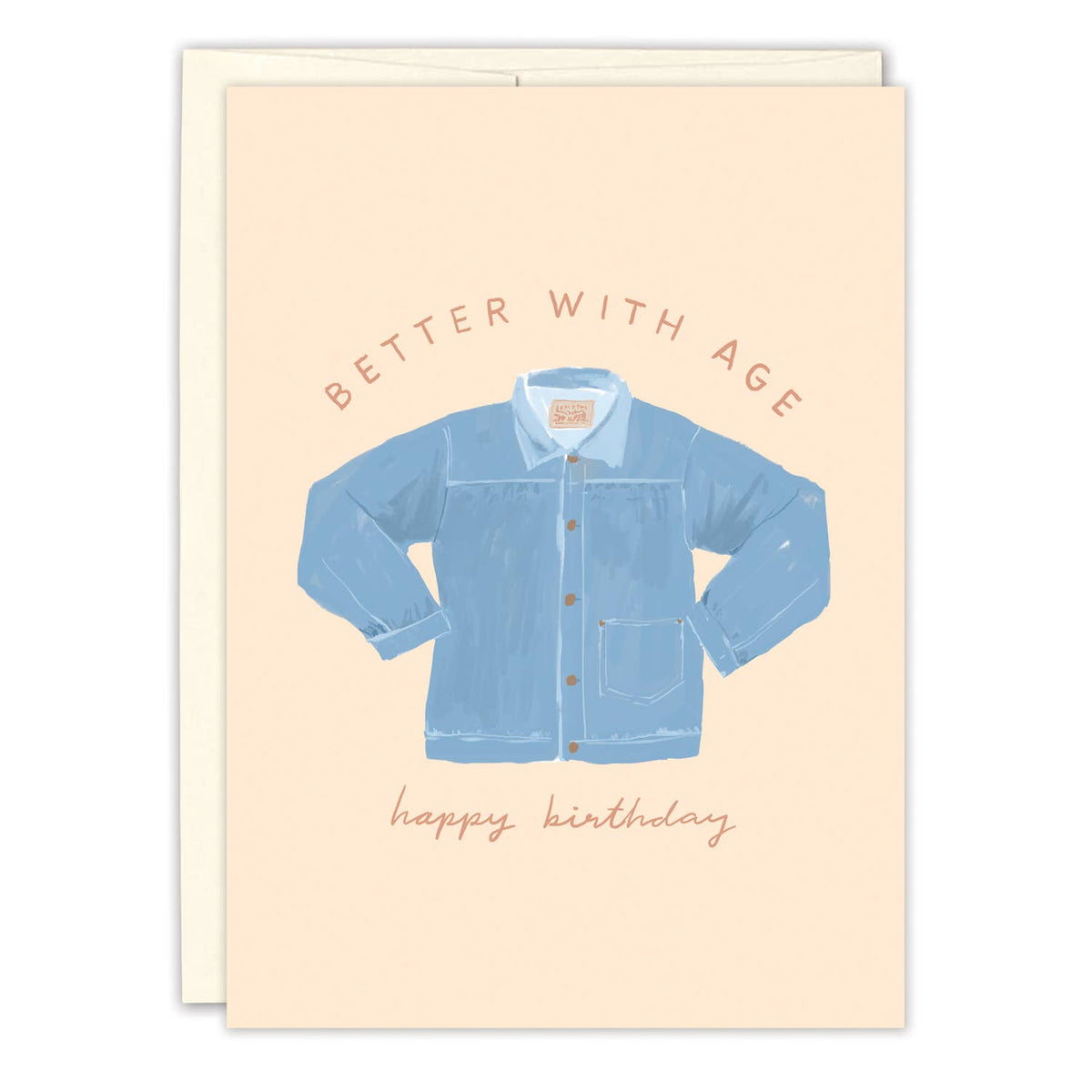Better With Age Denim Jacket Birthday Card illustrated by Karen Schipper featuring a playful denim-inspired birthday design.