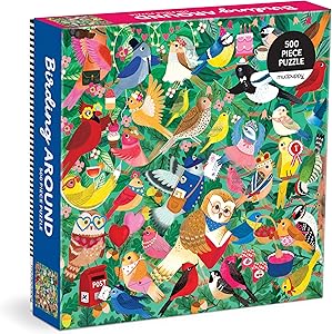 500-piece Birding Around puzzle featuring colorful illustrations of songbirds in nature