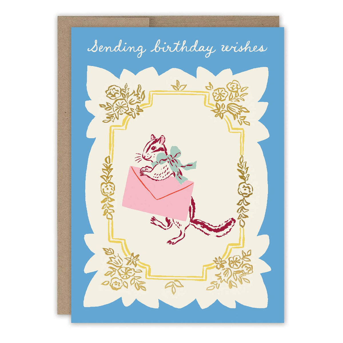 Sending Birthday Wishes Chipmunk Card by Emily Taylor featuring a charming woodland chipmunk illustration with gold foil details.