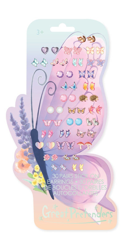 Butterfly Sticker Earrings featuring 30 pairs of colorful butterfly-themed stick-on earrings for kids' dress-up, pretend play, party favors, and gifts.