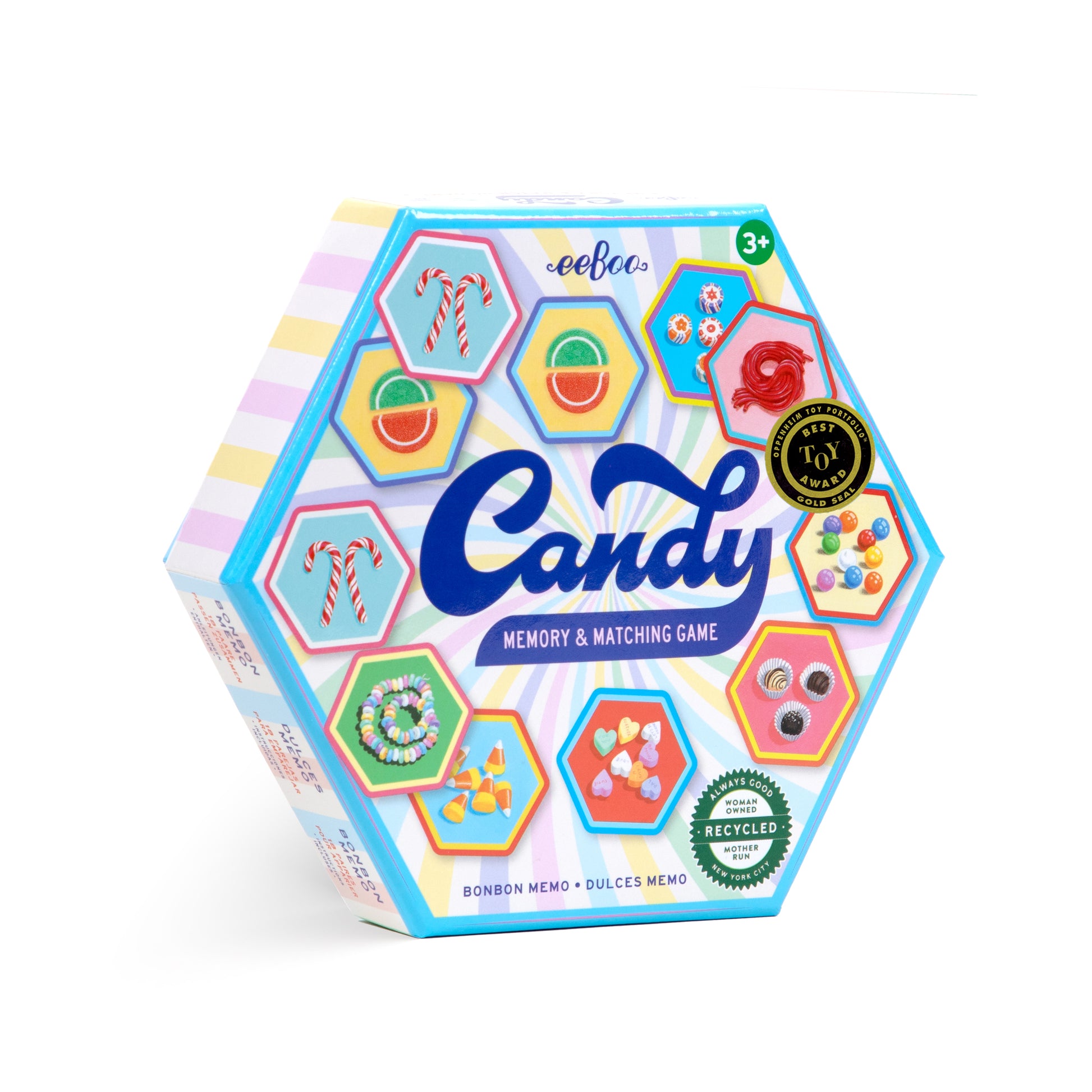 Candy Memory and Matching Game for kids ages 3 and up with colorful illustrated candy matching tiles in a hexagonal storage box.