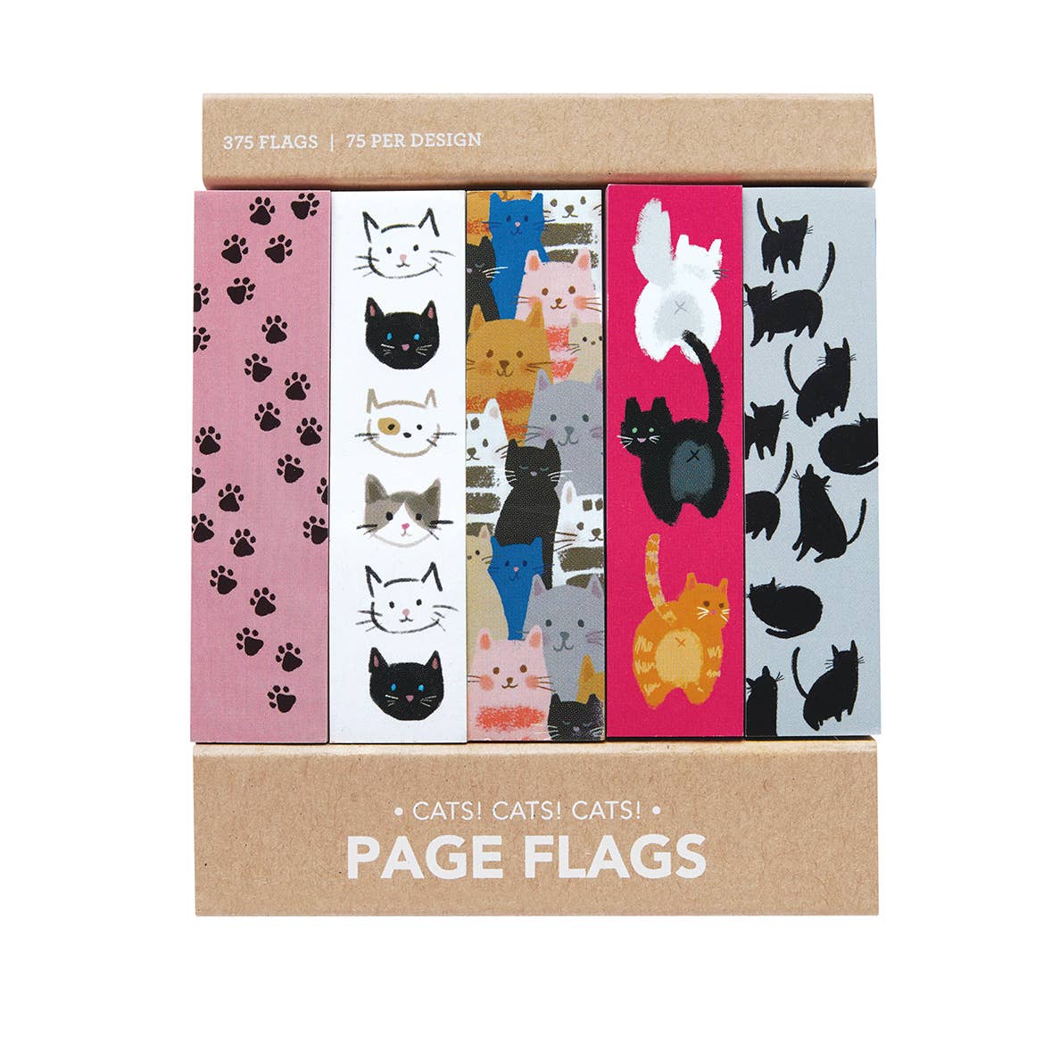Set of cat-themed page flags in a cardboard box