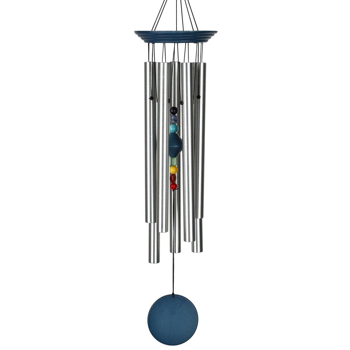 Woodstock Chakra Chime with seven silver tubes, blue wood finish, and clapper featuring seven chakra stones aligned in a column.