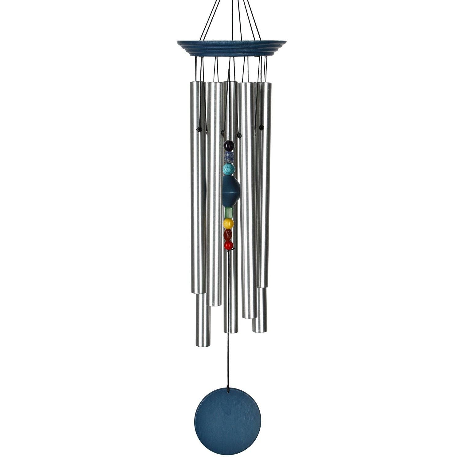 Woodstock Chakra Chime with seven silver tubes, blue wood finish, and clapper featuring seven chakra stones aligned in a column.