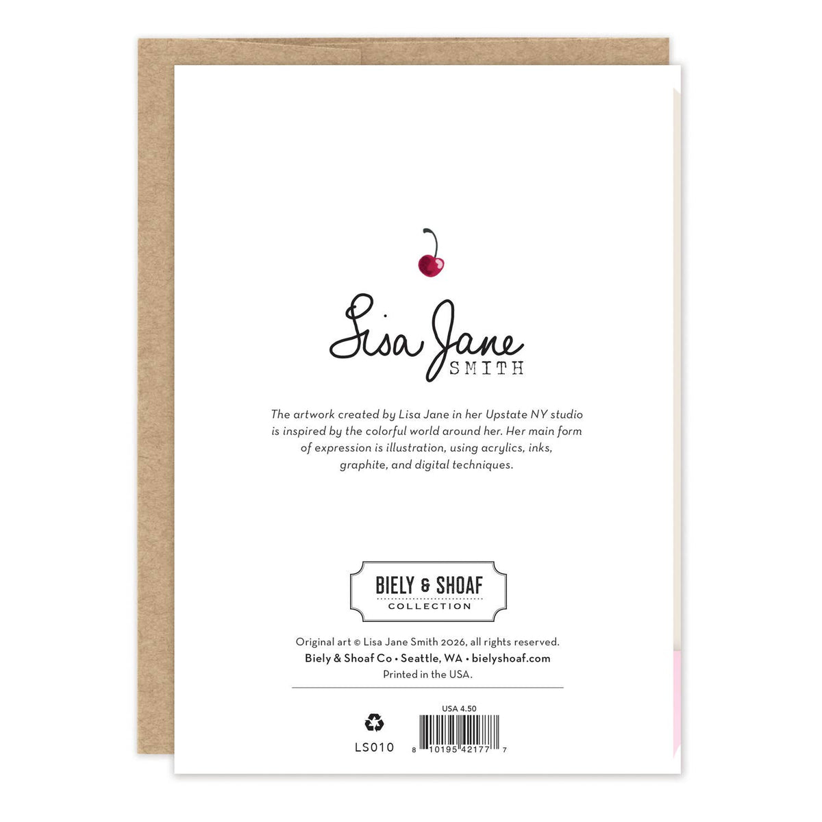 'Lisa Jane Smith' signature and cherry illustration on a white background card