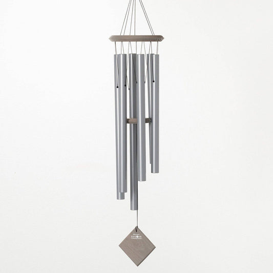 Woodstock Encore® Chimes of Earth wind chime with six silver tubes and Harbor Grey wood finish.