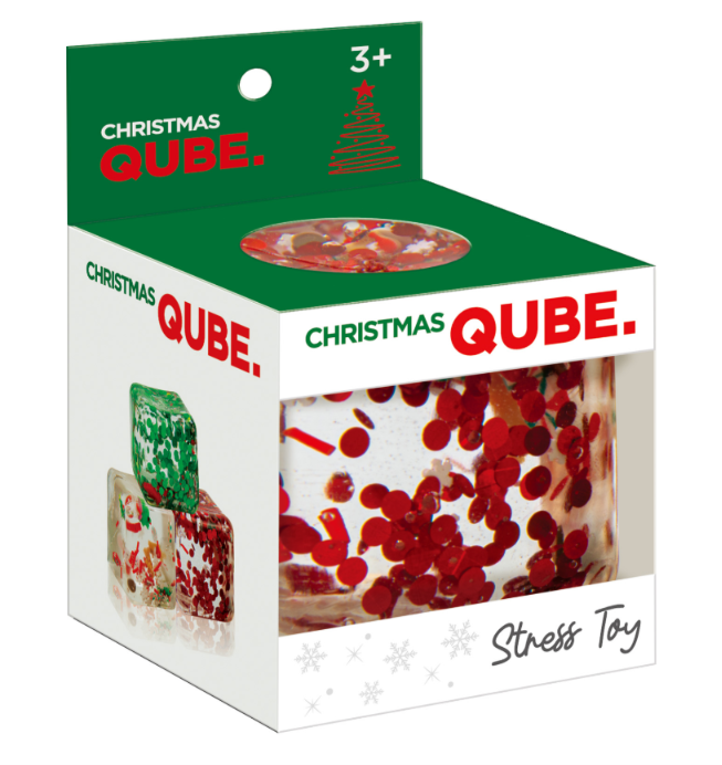 Box of Christmas Qube stress toy with green and white design