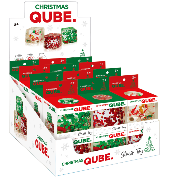 Christmas Qube Stress Toy filled with festive holiday confetti, a colorful squishy sensory fidget toy perfect for stocking stuffers and Christmas gifts.