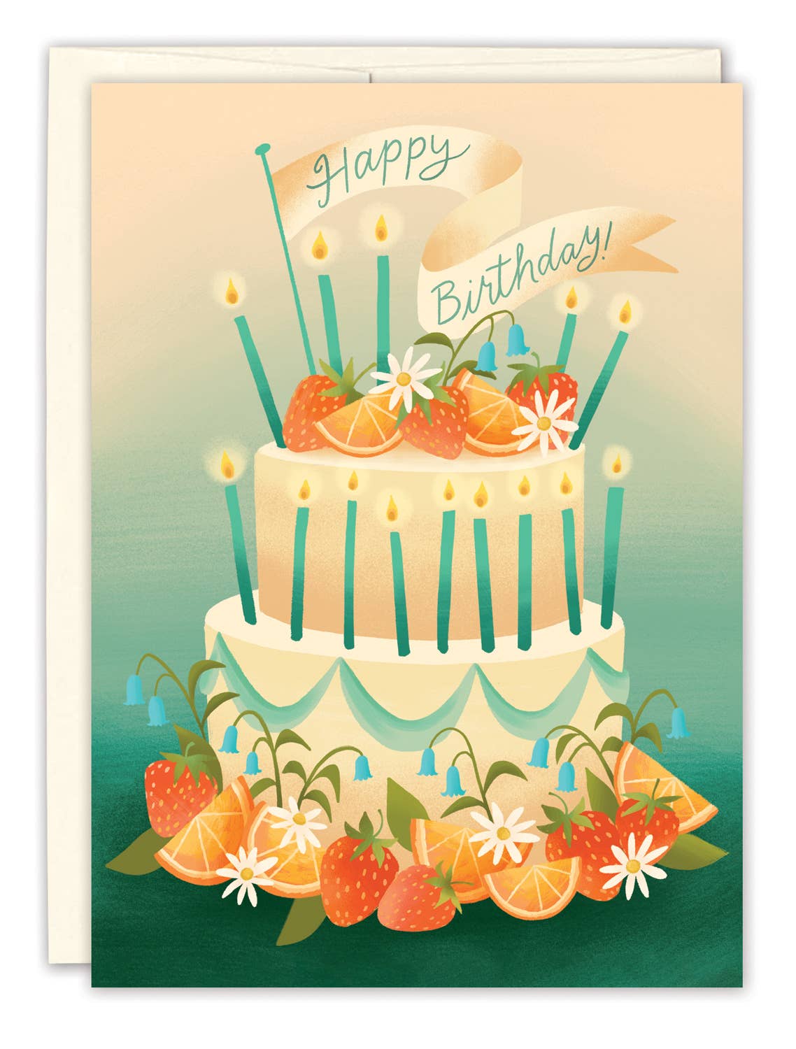 Citrus Cake Birthday Card illustrated by Carrie Shryock featuring a cheerful birthday cake and citrus-inspired botanical artwork.