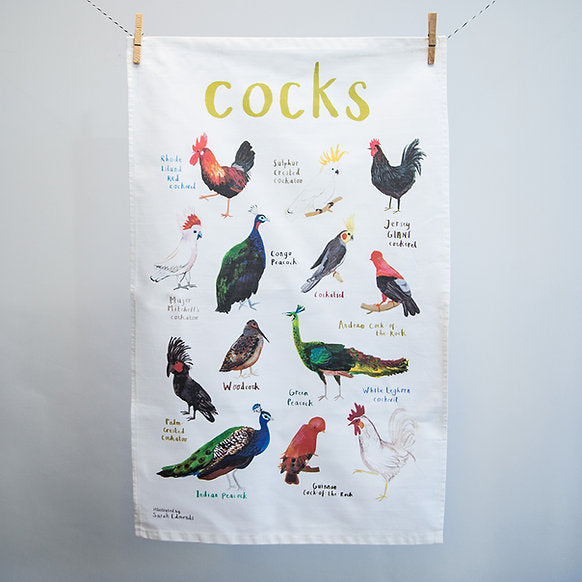 Tea towel with illustrations of various types of cocks and their names on a white background.
