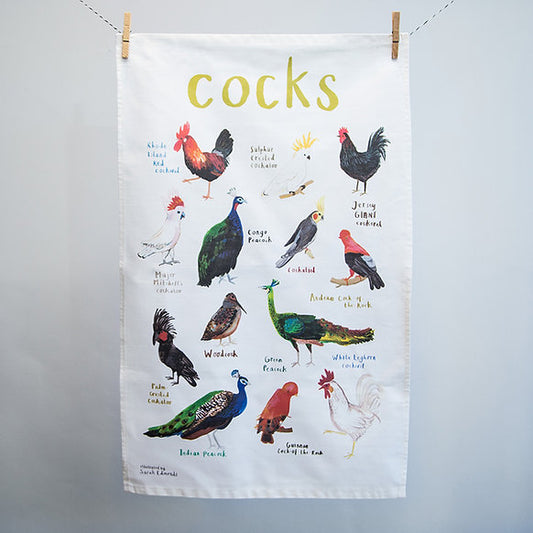 Tea towel with illustrations of various types of cocks and their names on a white background.
