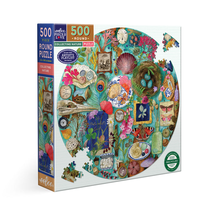 Collecting Nature 500-piece round puzzle by Maria Over featuring a colorful collage of shells, feathers, leaves, flowers, birds' nests, insects, stones, and botanical treasures.