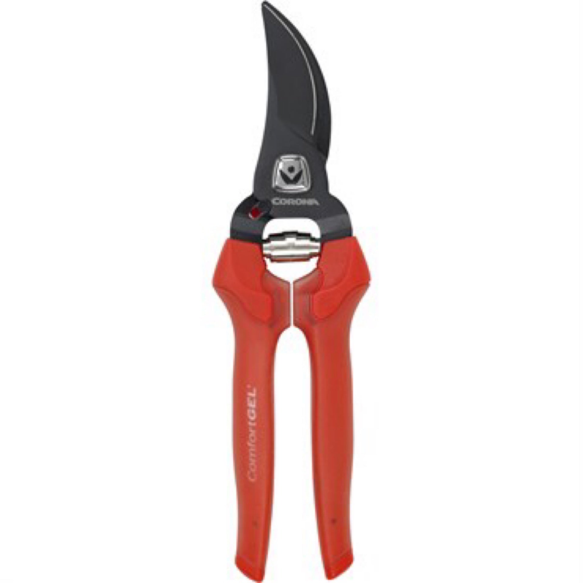 Corona® ComfortGEL® Bypass Pruner with cushioned pink handles and non-stick steel blades, resting on a garden workbench.