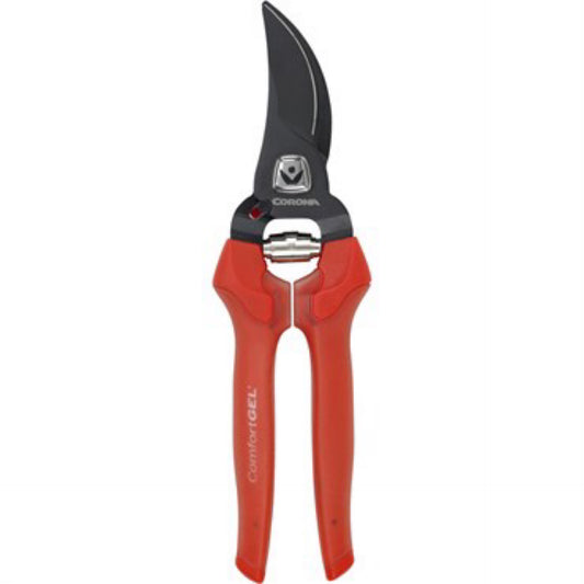 Corona® ComfortGEL® Bypass Pruner with cushioned pink handles and non-stick steel blades, resting on a garden workbench.