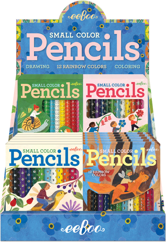 Cottage Fairies mini colored pencil set with 12 rainbow artist-quality pencils and whimsical woodland fairy artwork by Gemma Koomen.
