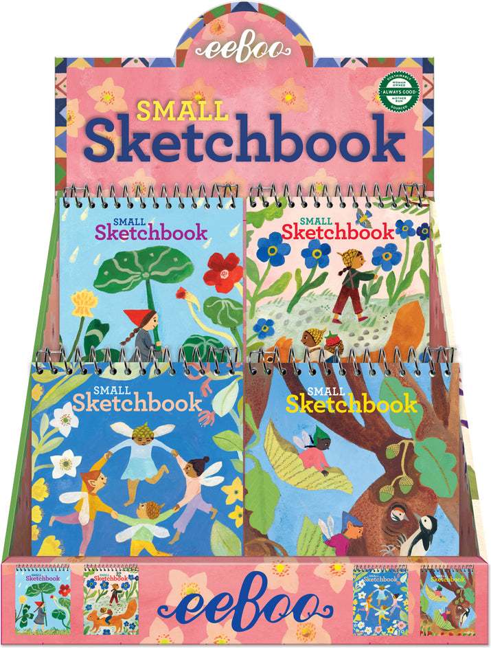 Cottage Fairies Mini Sketchbook by Gemma Koomen featuring whimsical fairies, woodland animals and garden scenes on assorted spiral-bound covers.