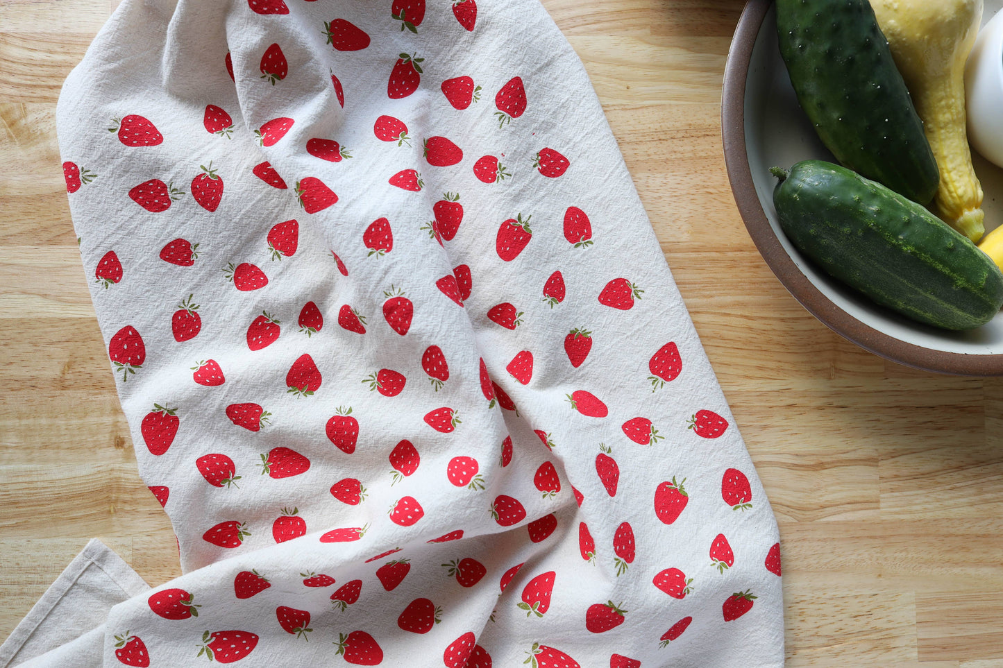 Strawberry Kitchen Towel, Hand Printed Fruit Tea Towel