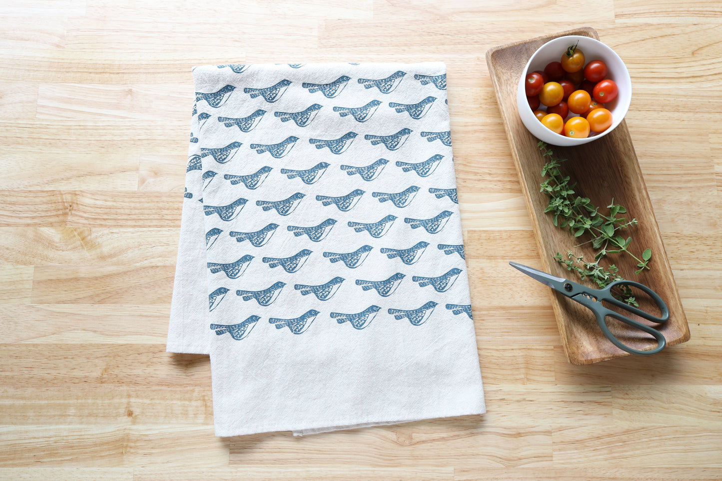 Bird Kitchen Towel, Handprinted Bird Tea Towel