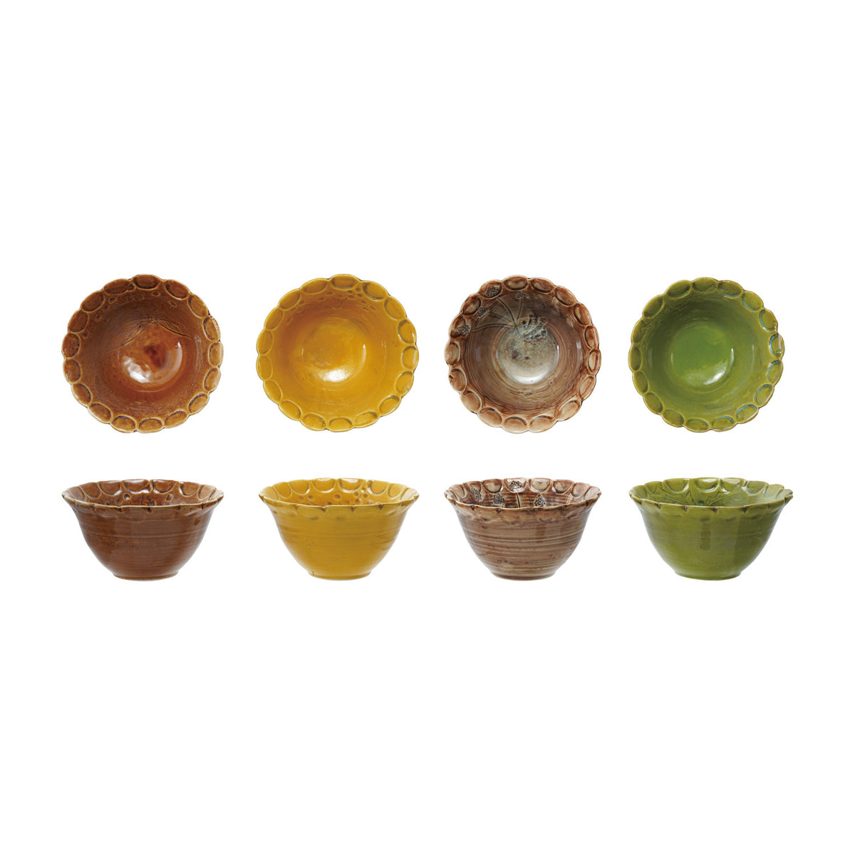Four debossed scalloped stoneware bowls in rust, yellow, brown and green