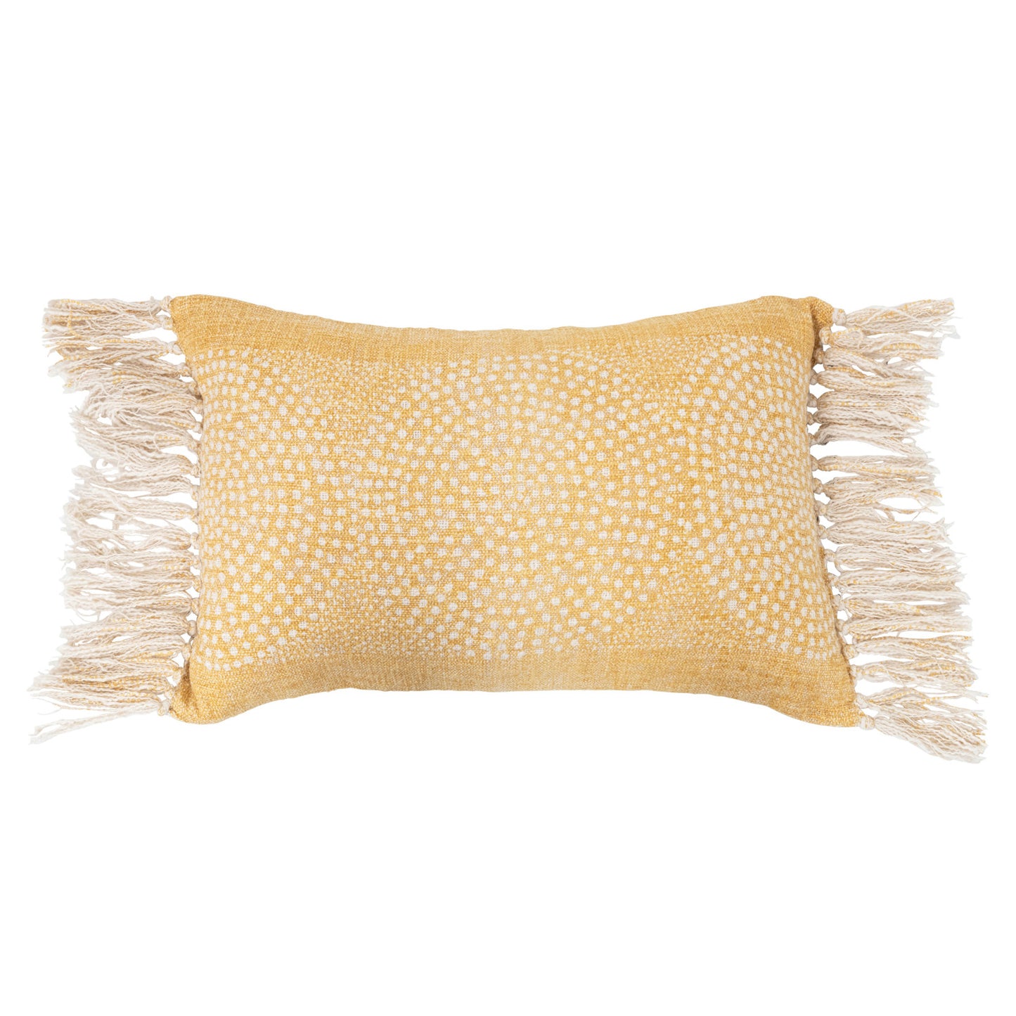 24" x 16" Stonewashed Cotton Slub Lumbar Pillow w/ Dot Pattern & Fringe, Polyester Fill