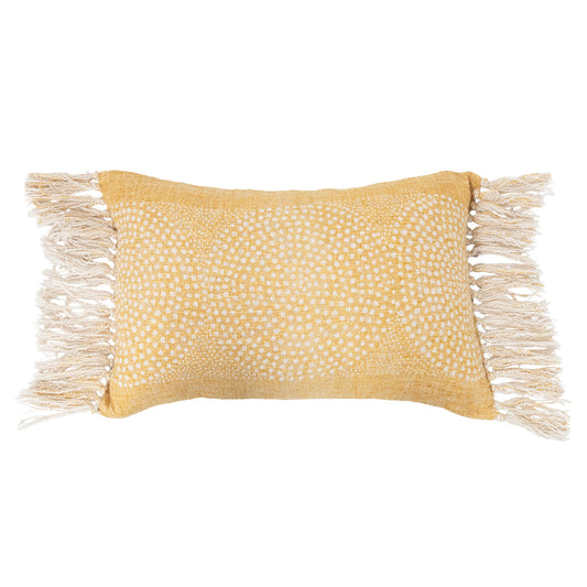 24" x 16" Stonewashed Cotton Slub Lumbar Pillow w/ Dot Pattern & Fringe, Polyester Fill