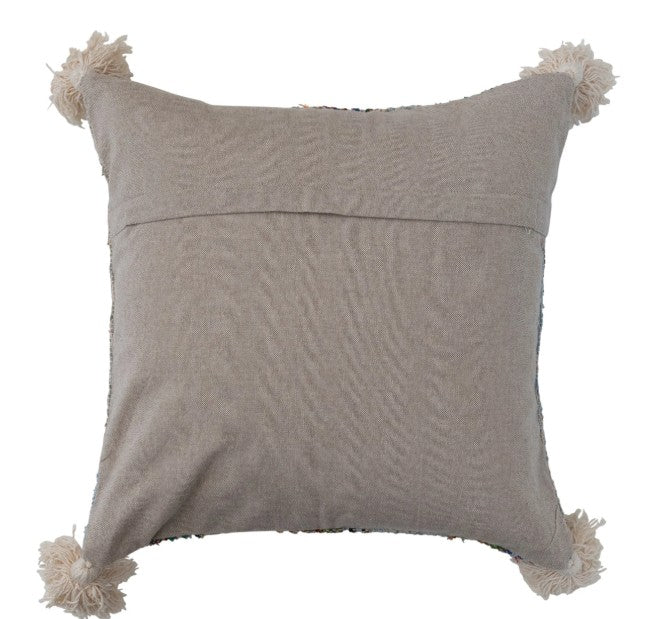 Hand-Woven Cotton Pillow w/ Chambray Back, Stripes & Tassels, Polyester Fill