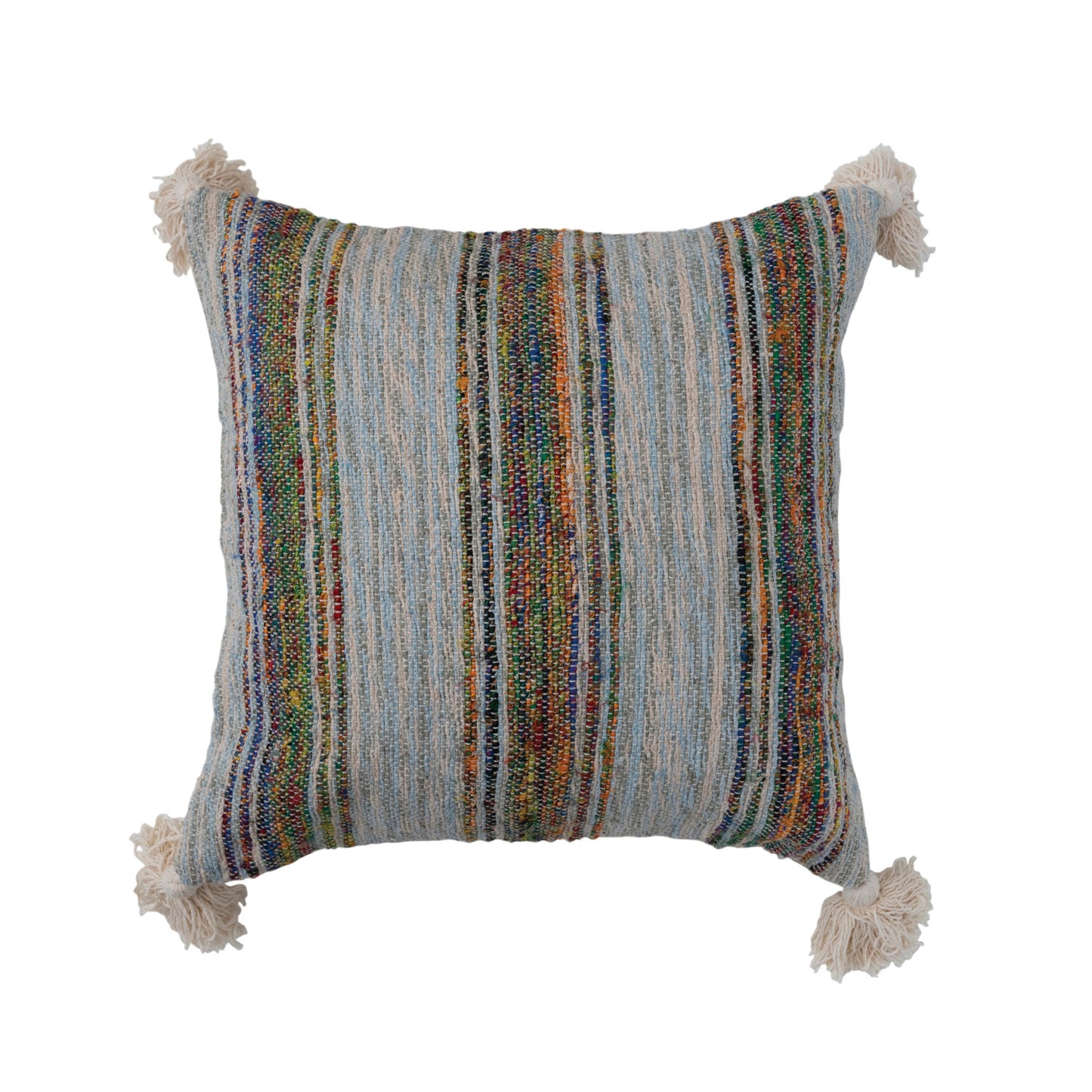Hand-Woven Cotton Pillow w/ Chambray Back, Stripes & Tassels, Polyester Fill