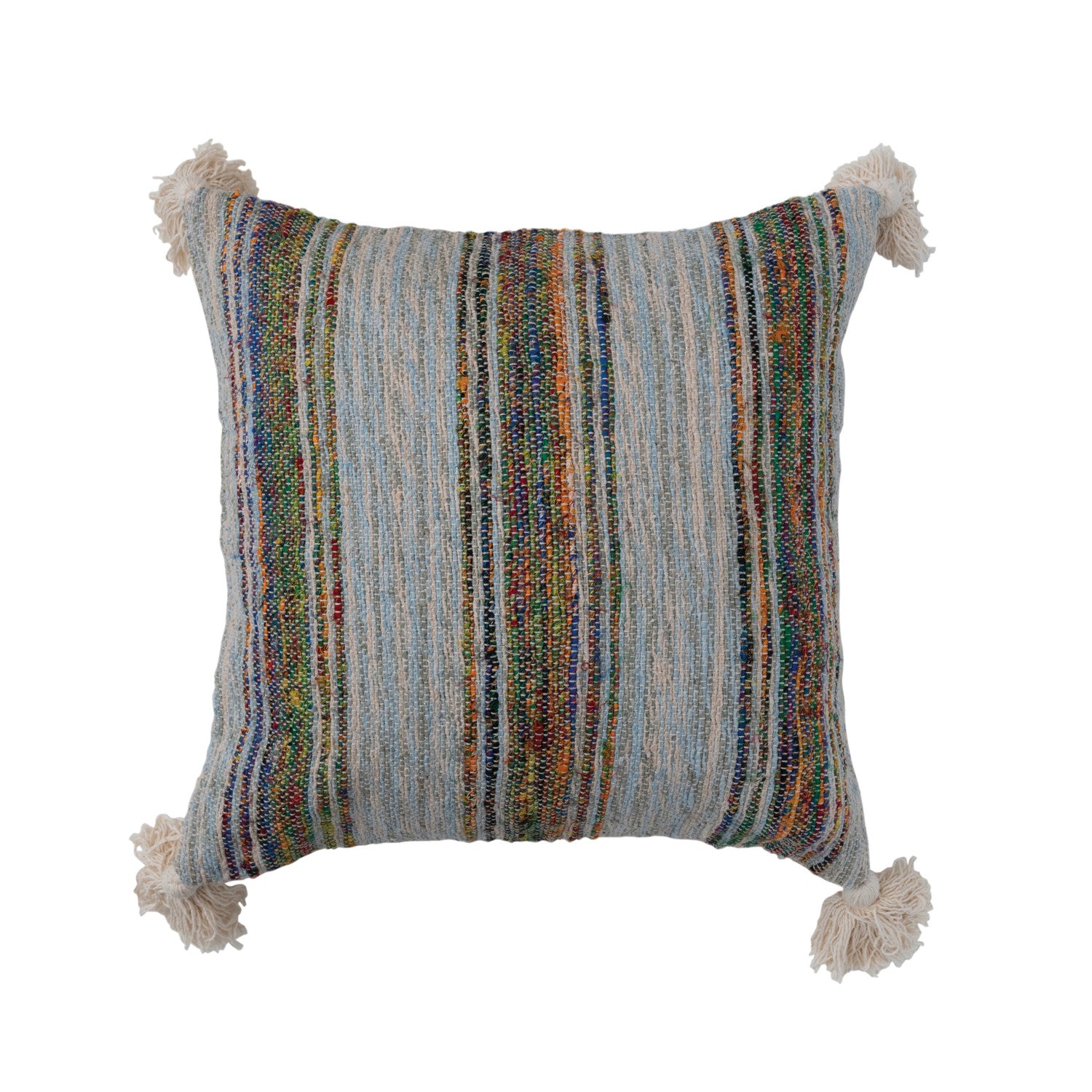 Hand-Woven Cotton Pillow w/ Chambray Back, Stripes & Tassels, Polyester Fill