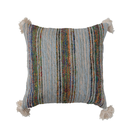 Hand-Woven Cotton Pillow w/ Chambray Back, Stripes & Tassels, Polyester Fill