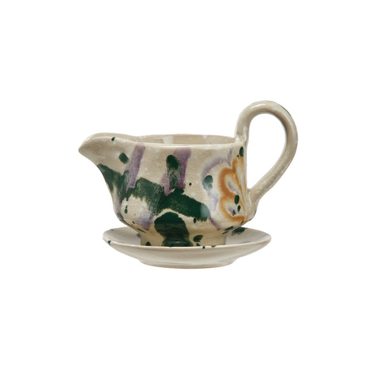 6 oz. Hand-Painted Creamer w/ Saucer, Set of 2 (Each One Will Vary)
