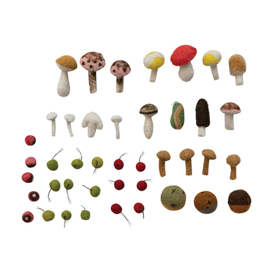 Wool Felt Mushrooms & Berries Scatter, Boxed Set of 40
