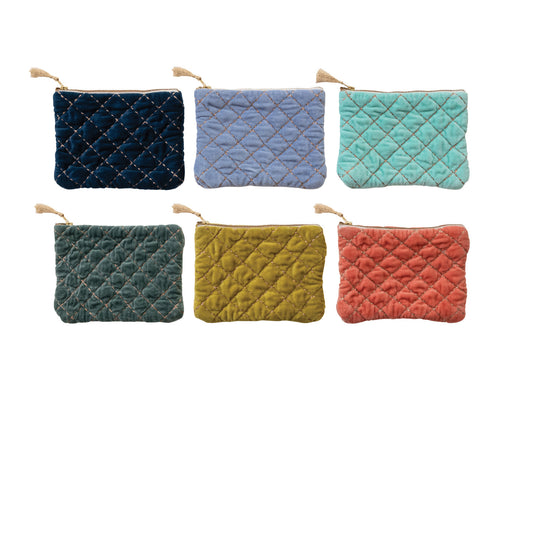 Quilted Cotton Velvet Zip Pouch w/ Metallic Thread Embroidery & Tassel, 6 Colors