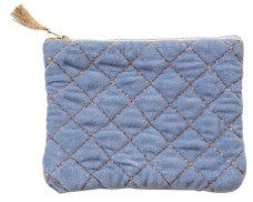 Quilted Cotton Velvet Zip Pouch w/ Metallic Thread Embroidery & Tassel, 6 Colors