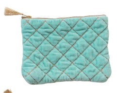 Quilted Cotton Velvet Zip Pouch w/ Metallic Thread Embroidery & Tassel, 6 Colors