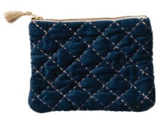 Quilted Cotton Velvet Zip Pouch w/ Metallic Thread Embroidery & Tassel, 6 Colors