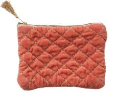 Quilted Cotton Velvet Zip Pouch w/ Metallic Thread Embroidery & Tassel, 6 Colors
