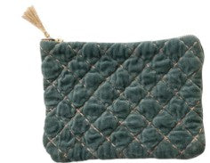 Quilted Cotton Velvet Zip Pouch w/ Metallic Thread Embroidery & Tassel, 6 Colors