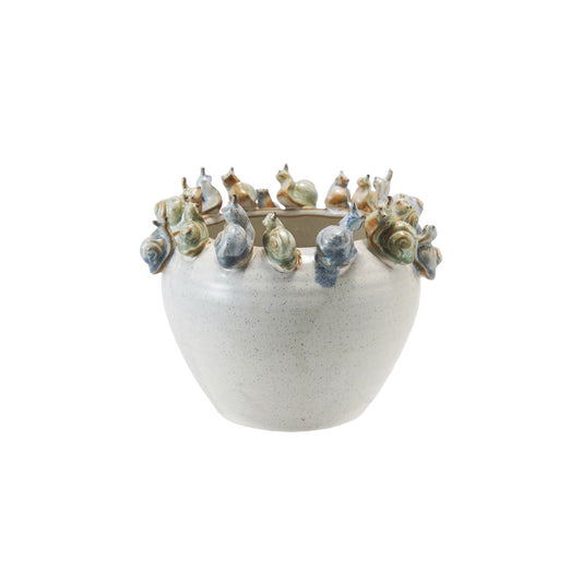 Stoneware Planter w/ 3D Snails on Rim, Reactive Glaze (Holds 4" Pot) (Each One Will Vary)