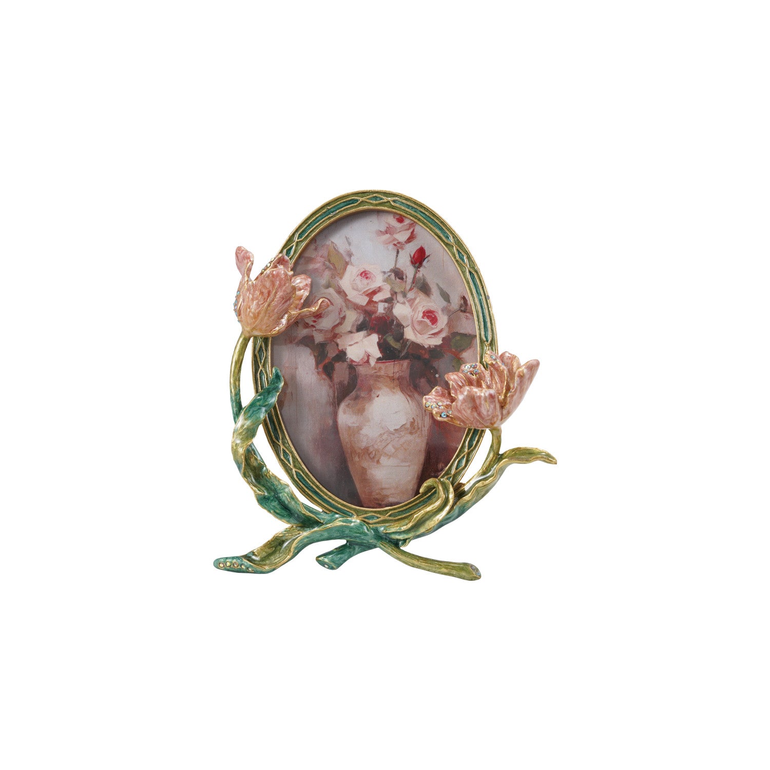 Enameled Metal Photo Frame w/ 3D Flowers & Jewels (Holds 3-1/2"W x 5"H Photo)