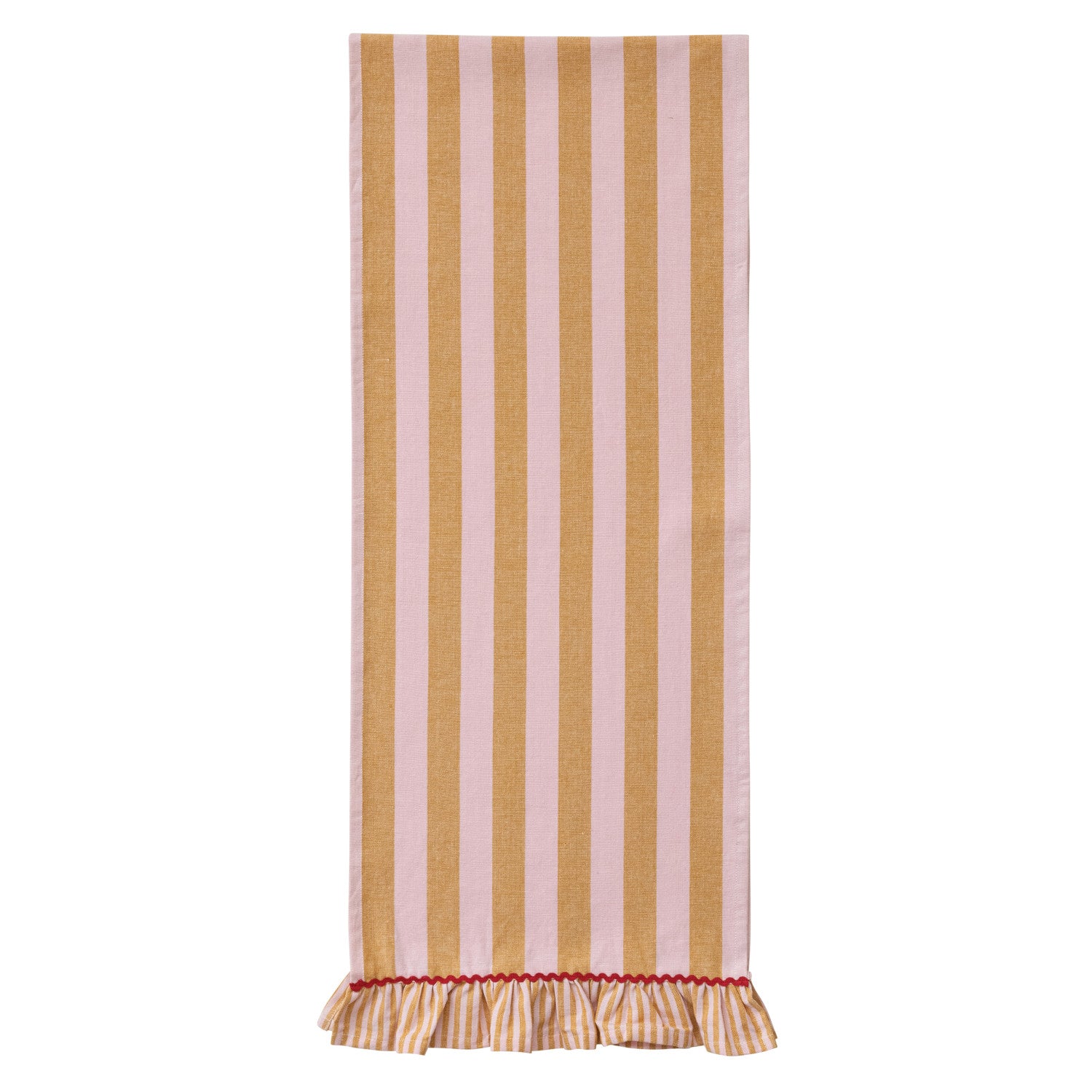 Woven Cotton Striped Table Runner w/ Ruffle & Ric Rac Trim