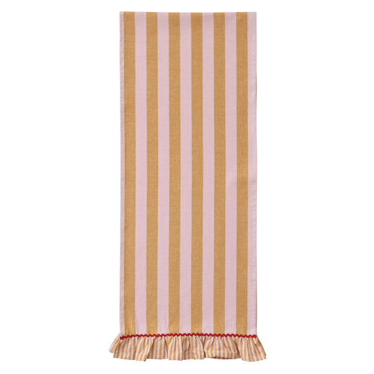Woven Cotton Striped Table Runner w/ Ruffle & Ric Rac Trim