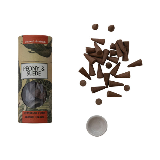 30 Piece Peony & Suede Scented Incense Cones with Round Ceramic Incense Holder, Set of 31