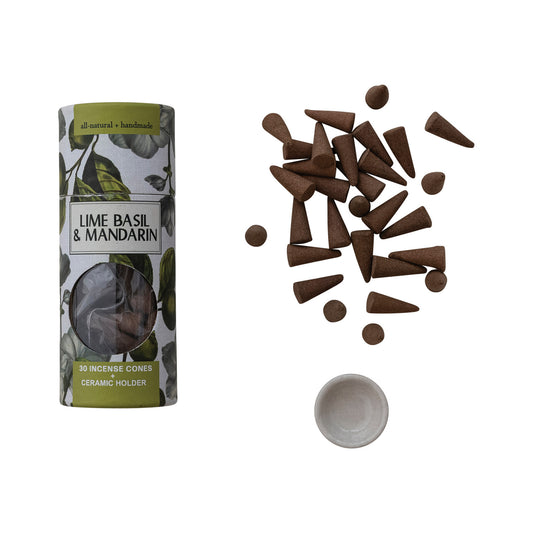 30 Piece Lime Basil & Mandarin Scented Incense Cones with Holder, Set of 31