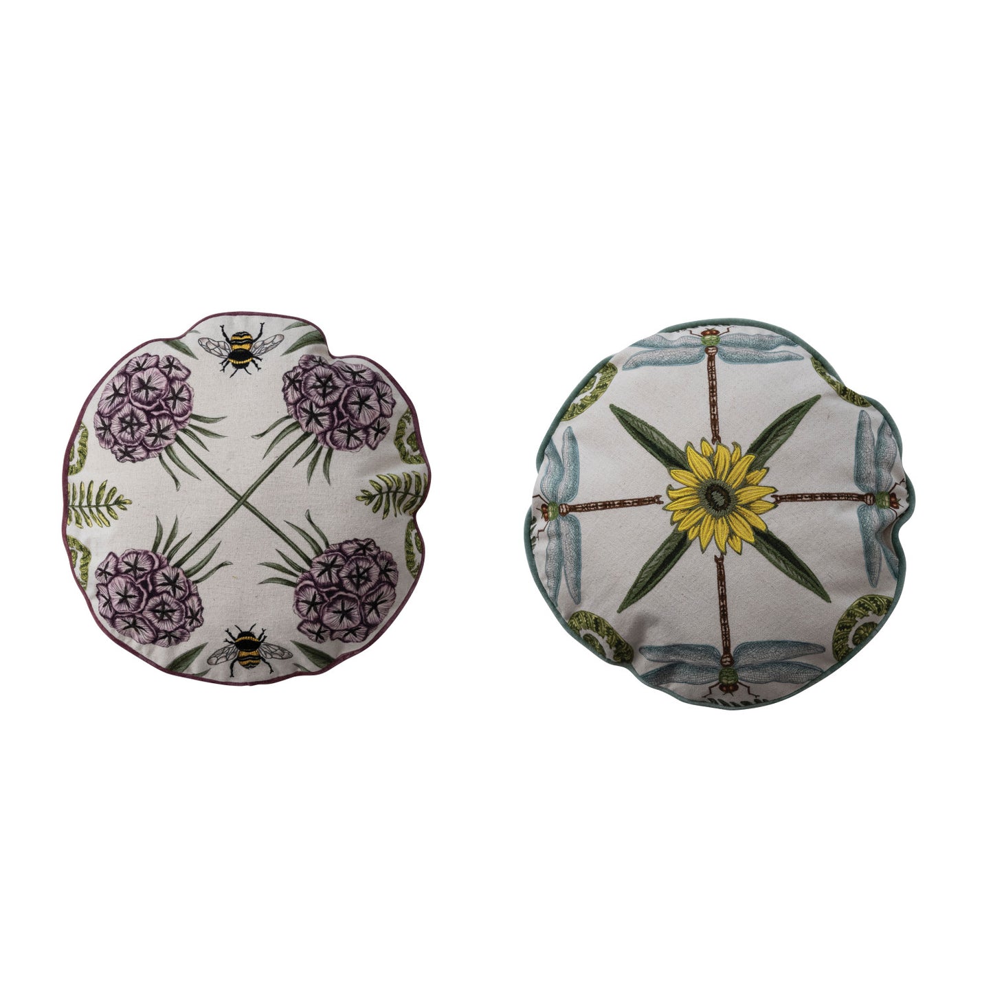 16" Round Cotton & Linen Pillow with Botanicals, Animals, Embroidery & Piping, 2 Styles Â©